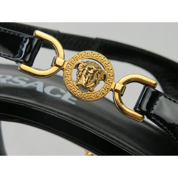 VERSACE BLACK PATENT LEATHER GOLD MEDUSA SANDALS 85 MM HEEL PUMPS 37.5 7.5 ITA - Picture 4 of 12